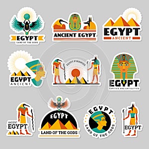 Egypt labels. Pyramid sphinx ancient travel symbols statue in desert recent vector graphic illustration badges templates