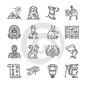 Egypt line icon set. Included the icons as Pharaoh, pyramid, mummy, Anubis, Camel and more.