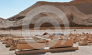 EGYPT, LUXOR - MARCH 01, 2019: archaeological site, exposition of sarcophagi, Temple of Hapchesut ancient sandstone statues,