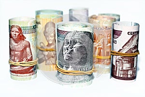 Egypt money roll pounds banknotes isolated on white background, Egyptian pounds cash money bills rolled up with rubber bands