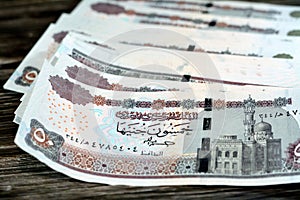 Egypt money stack of pounds  on wood background, pile of 50 EGP LE fifty Egyptian pounds cash money bills with a image of