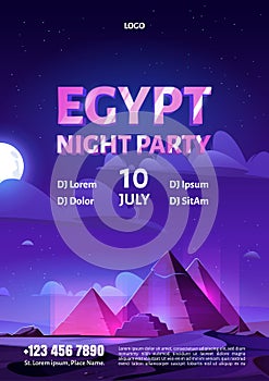 Egypt night party cartoon flyer with pyramids