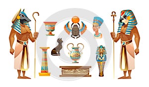 Egypt old symbols, sacred animals, pyramid, tomb, sarcophagus, cross vector