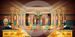 Egypt pharaoh treasure background, ancient pyramid tomb secret room, vector temple interior, colonnade.