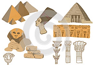 Egypt pyramids ancient art ancient world sphinx hieroglyphs ornaments hand drawn illustration set large isolated elements on white