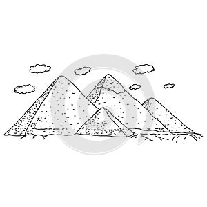 Egypt pyramids vector illustration sketch doodle hand drawn with black lines isolated on white background. Travel and Tourism