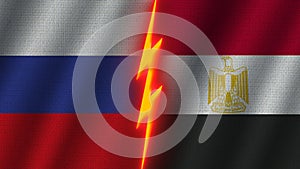 Egypt and Russia Flags Together, Fabric Texture, Thunder Icon, 3D Illustration