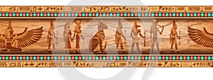 Egypt seamless border, goddess silhouette, vector ancient ethnic ornament frame design.