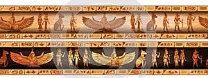 Egypt seamless border set, vector ancient ethnic ornament frame design, goddess silhouette.