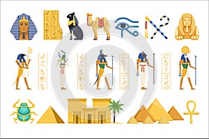 Egypt set, Egyptian ancient symbols of the power of pharaohs and gods colorful vector Illustrations