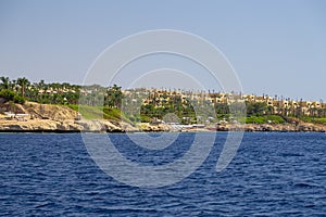 Egypt Sharm el Sheikh - July 23, 2021. Panorama from the sea. View of the city