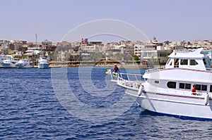 Egypt, Sinai, Sharm el-Sheikh, Red Sea, September 27, 2014: A white pleasure boat in the Red Sea off the coast of Sharm el-Sheikh