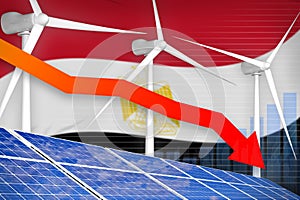 Egypt solar and wind energy lowering chart, arrow down - renewable natural energy industrial illustration. 3D Illustration