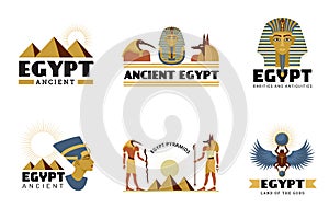 Egypt stickers. Ancient monuments sphinx statue pyramid desert travel symbols recent vector stylized labels