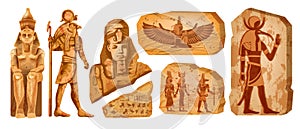 Egypt stone board kit, vector ancient Egyptian statue, old rock tablet, gods silhouette, hieroglyphs.