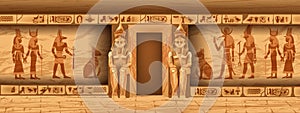 Egypt stone temple wall, vector ancient pharaoh tomb interior, goddess silhouette, religion hieroglyphs.