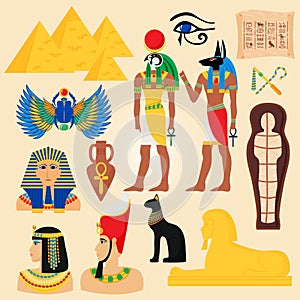 Egypt symbols and landmarks ancient pyramids desert egyptian people god cleopatra pharaoh vector illustration photo