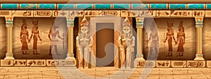 Egypt temple background, ancient pharaoh tomb interior, vector game pyramid stone wall, god outline.