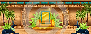 Egypt temple background, gold throne, gods statue silhouette, vector ancient pharaoh pyramid wall.