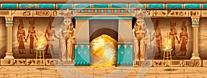 Egypt temple background, vector game pyramid stone wall, ancient pharaoh tomb interior, god outline.