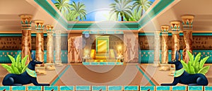 Egypt temple interior, vector Egyptian ancient palace background, pyramid tomb, stone column, throne.