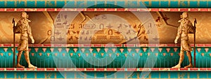 Egypt temple wall, vector Egyptian tomb background, ancient pyramid interior, Horus statue, hieroglyphs.