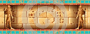 Egypt temple wall, vector Egyptian tomb background, Horus statue, hieroglyphs, ancient pyramid interior.