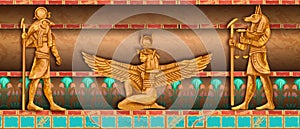 Egypt temple wall, vector Egyptian tomb interior, ancient pyramid background, clay god statue.
