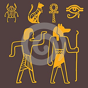 Egypt travel history sybols hand drawn design traditional hieroglyph vector illustration style.