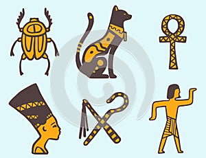 Egypt travel history sybols hand drawn design traditional hieroglyph vector illustration style.