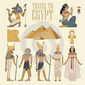 Egypt travel vector set. Egyptian traditional icons in flat design. Holiday banner. Vacation and summer.