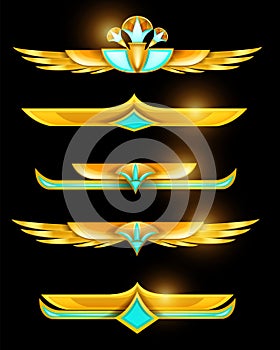 Egypt UI game antique border set, vector ancient gold frame ornament kit, abstract lotus header design.