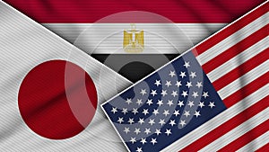 Egypt United States of America Japan Flags Together Fabric Texture Illustration