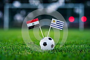 Egypt - Uruguay, Group A, Friday, 15. June, Football, World Cup, Russia 2018, National Flags on green grass, white football ball o