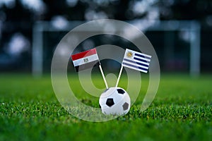 Egypt - Uruguay, Group A, Friday, 15. June, Football, World Cup, Russia 2018, National Flags on green grass, white football ball o