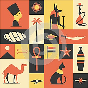 Egypt, vector flat illustration, icon set, travel background, pattern