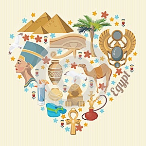Egypt vector with heart shape. Egyptian traditional icons in flat design. Vacation and summer