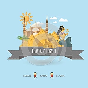 Egypt vector on light blue background. Egyptian traditional icons in flat design. Vacation and summer