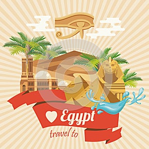 Egypt vector. Modern hipster style. Egyptian traditional icons in flat design. Vacation and summer