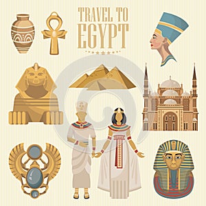 Egypt vector set with sphinx. Egyptian traditional icons in flat design. Vacation and summer