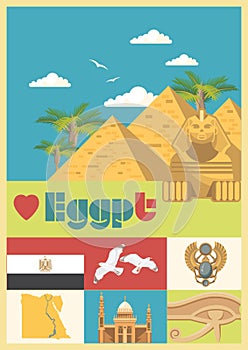 Egypt vector in vintage style. Egyptian traditional icons in flat design. Vacation and summer