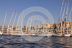 Egypt. White sailboats on the Nile river on a clear sunny day.