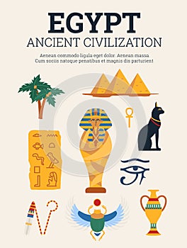 Egyptian ancient civilization art banner or poster, flat vector illustration.