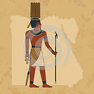 The Egyptian ancient god Anhur painted against the backdrop of a map of Egypt and a papyrus. EPS 10