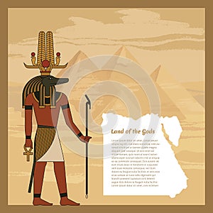 Egyptian ancient god Sobek. The man is holding a staff. On the head are bird. Ankh. Vector illustration.