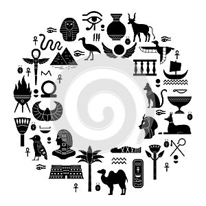 Egyptian ancient symbols. Mythology egypt sacred animals, gods and pyramid silhouettes. Ancient egyptian icons vector