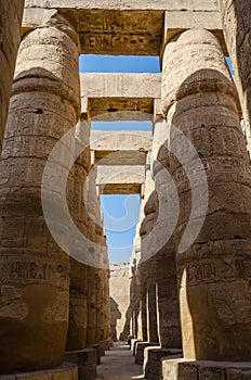 Egyptian Art. Columns with drawings in the Karnak Temple