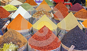 Egyptian bazaar with lots of spices, dry fruits and tea, Istanbul, Turkey