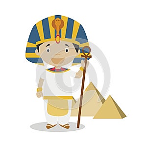 Egyptian cartoon character with Gizah Pyramids. Vector Illustration.