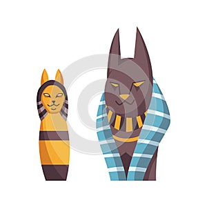 Egyptian cat. Bastet goddess. Black cat with golden necklace from ancient Egypt art. Cartoon realistic icon for design